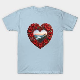 Red Flower Heart Shaped Frame With Landscape T-Shirt